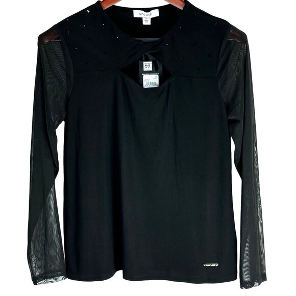 Nine West Women's Black Knit Top With Sheer Sleeves & Keyhole Detail Size M - Picture 3 of 7